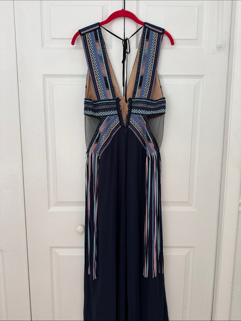 BCBGMaxAzria Elva Navy Blue Embroidered Cutout Maxi Dress Runway Size 10 - Picture 13 of 17